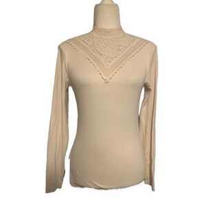 Ralph Lauren Womens Solid Bone Cream Long Sleeve Lace Mock Neck Top T Shirt Xs
